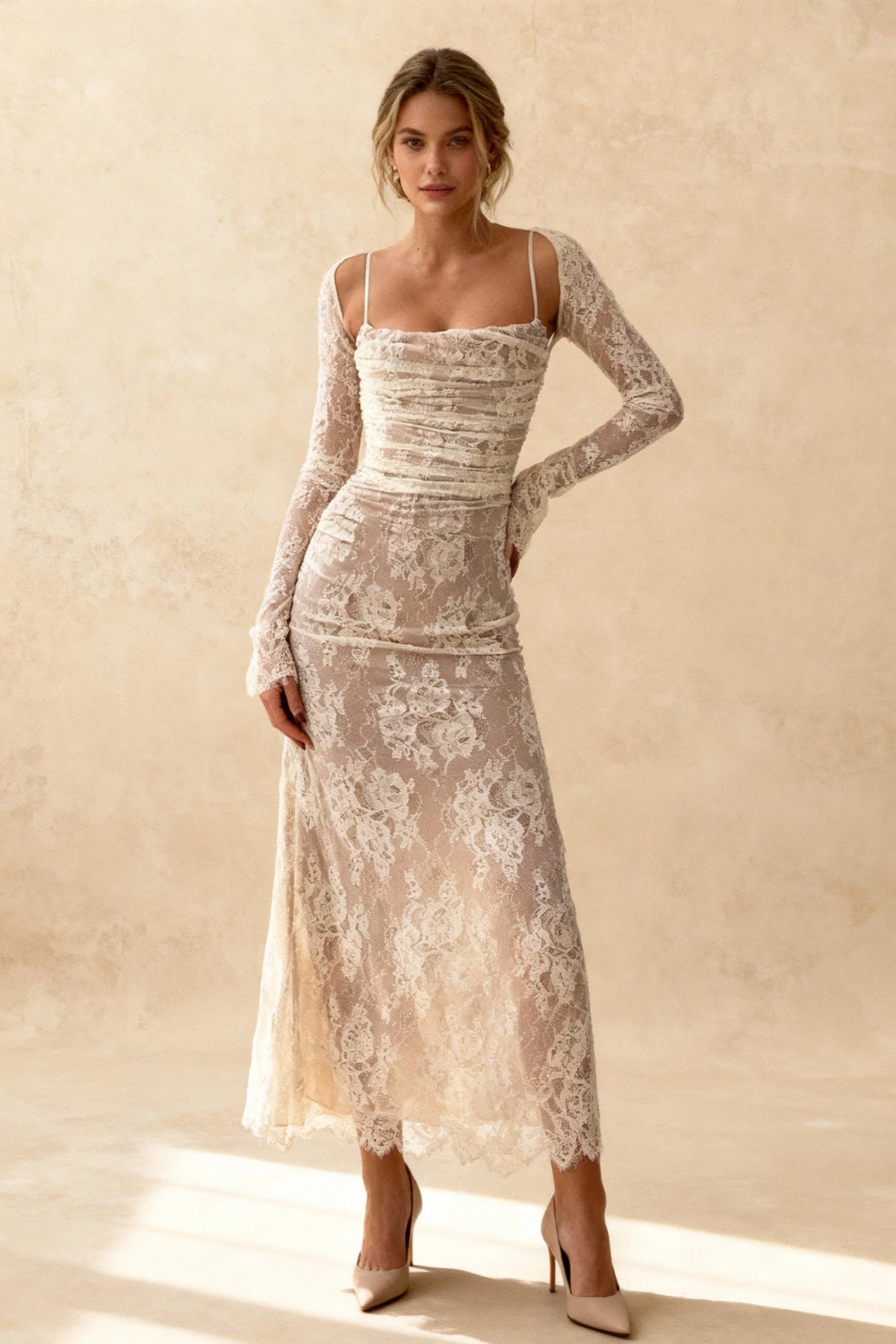 Elegant Lace Mesh Long Sleeve Lace Dress