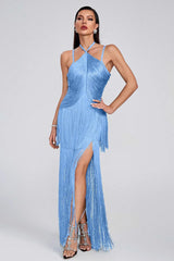 Halter Sling Maxi Fringe Hem Cocktail Dress
