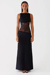 Sheer Lace Satin Panel Backless Fit Lace Dress