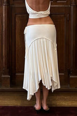 Solid Color Pleated Asymmetric Midi Skirt