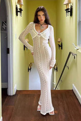 V Neck Long Sleeve Split Lace Dress