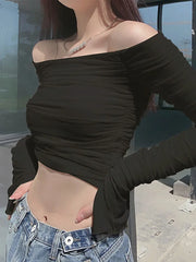 Mesh Patchwork Ruched Off-Shoulder Strapless
