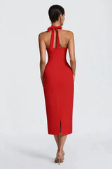 Solid Halter Neck Tie Back Midi Party Dress
