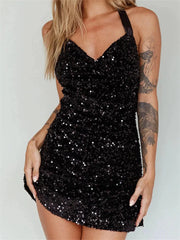 Glitter Halter Party  Sequined Tie-Up Mini Dresses