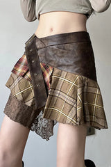 Plaid Lace Patchwork Belted Skirt