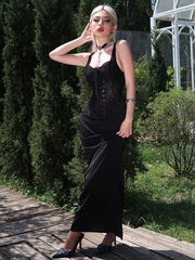 Lace Patchwork Strappy  Backless See Through Sleeveless Spaghetti Strap Party Dress