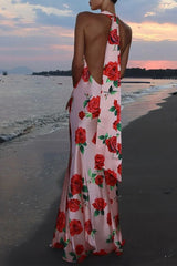 Printed Halter Backless  Maxi Silk Dress