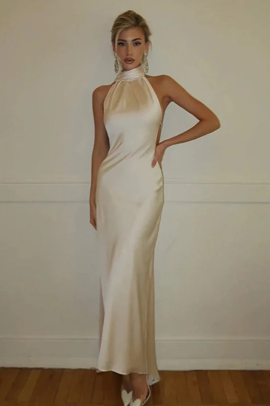 Halter Sash Open Back Reception Dress