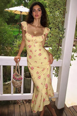 Flutter Sleeve Square Neck Floral Slip Dress