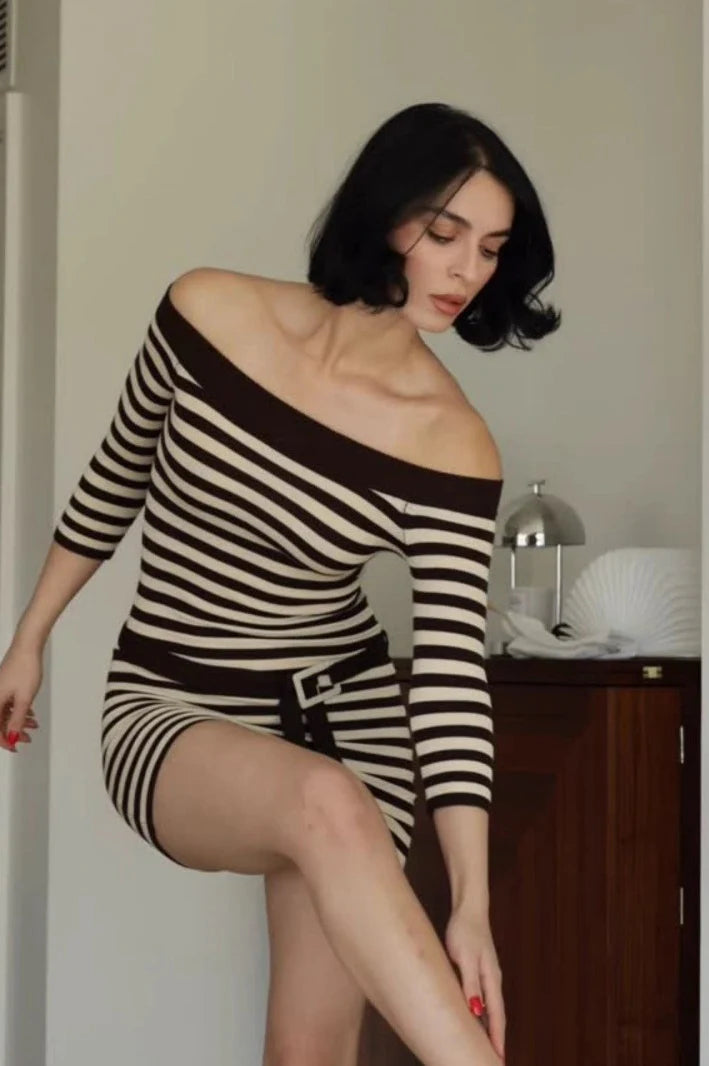 Stripe Off Shoulder Knit Colorblock Bodycon Dress