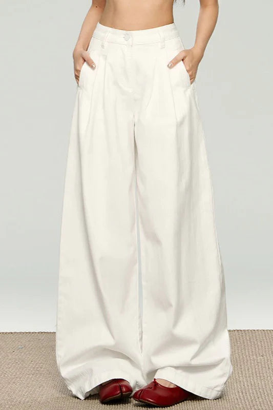 Ruched Textured White High Waist Wide Leg Pants