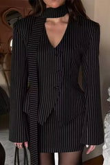 Contrast Stripe Print Slim Waist Cinched Two Piece Set