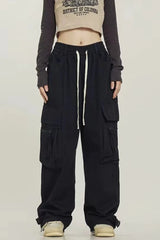 Street Style Loose Wide Leg Red Cargo Pants