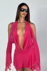 Halter Low Cut Solid Asymmetrical Bodycon Cocktail Dress
