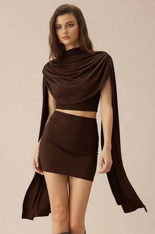 Cowl Neck Shawl Ruched  Two Piece Set