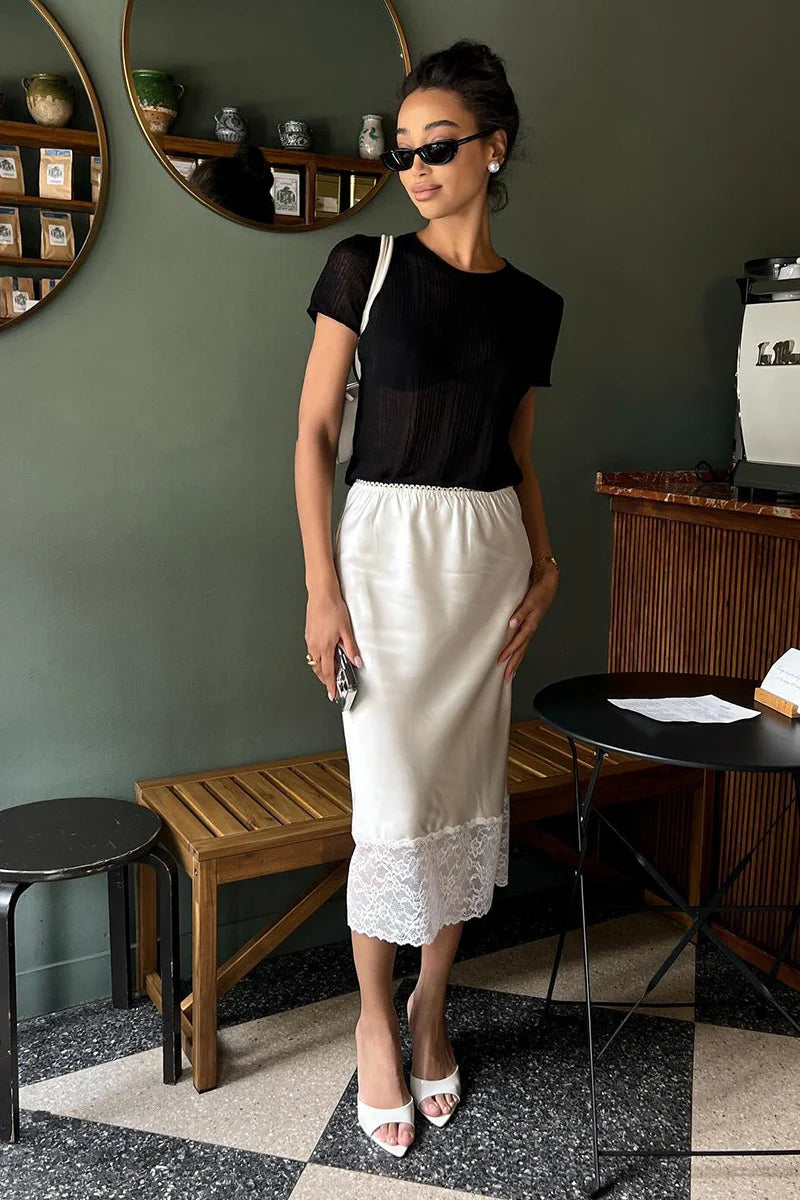 Lace Insert Solid Color Satin Skirt
