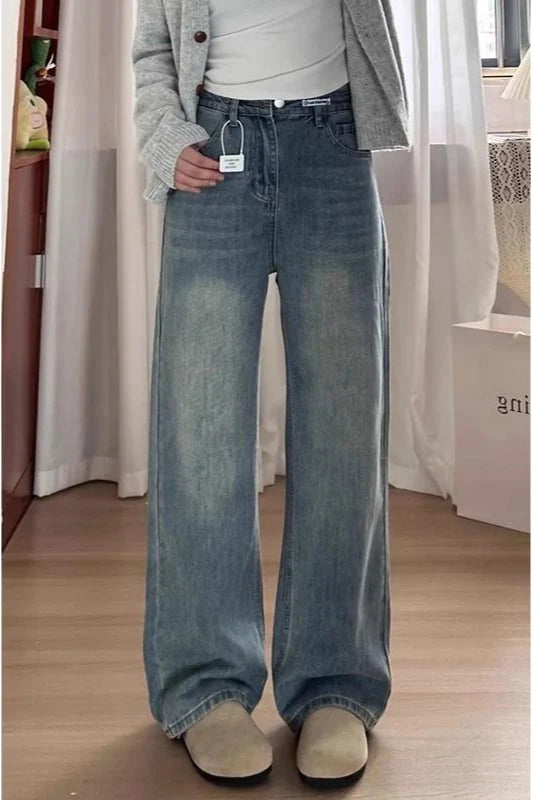 Vintage Blue Fleece Lined High Waist Plus Size Wide Leg Jeans