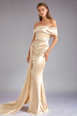 Solid Satin Off-Shoulder High-Waist Mermaid Silk Dress