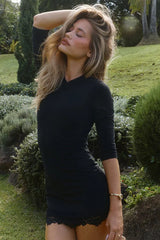 Lace Trim Round Neck Short Sleeve Slim Lace Dress