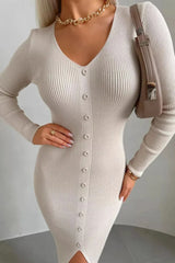Elegant V Neck Knit Slit Midi Bodycon Dress