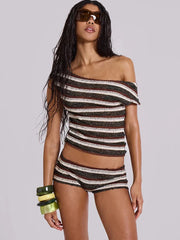 Stripe Skew Collar Crop Top White Two Piece Shorts Set