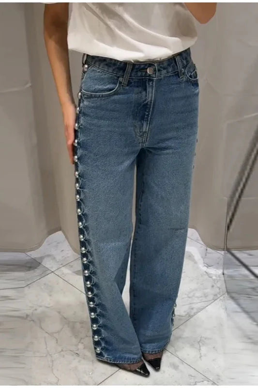 Beaded High Waist Straight Leg Jeans