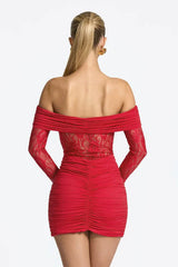 Open Shoulder Lace Trim Bodycon Mini Lace Dress