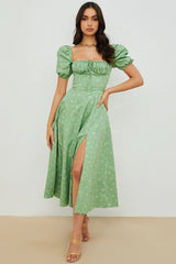 Puff Sleeve Wrap Slit Maxi Floral Dress