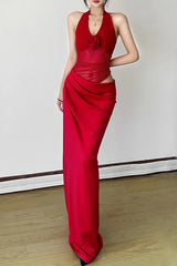 Sheer V-Neck Halter Party Dress