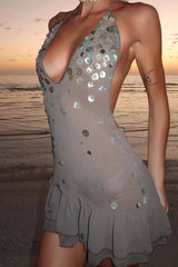 Halter Backless Sequin Ruffle Trendy Mini Sequin Dress