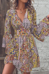 Elegant Paisley Print V Neck Bell Sleeve Boho Dress