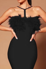 Feather Panel Halter Bodycon Graduation Party Dress