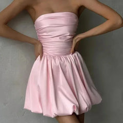 Bandeau Off Shoulder Pleated Silk Dress
