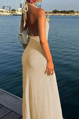Deep V Neck Backless High Split Knit Maxi Boho Dress