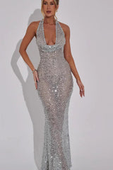 Sequin Halter Deep V Slim Bodycon Sequin Dress