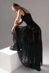 Black Lace Panel Boho Maxi Skirt