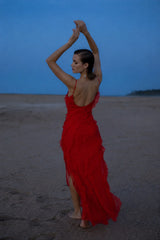 Chiffon Ruffle Open Back Split Slim Slip Dress