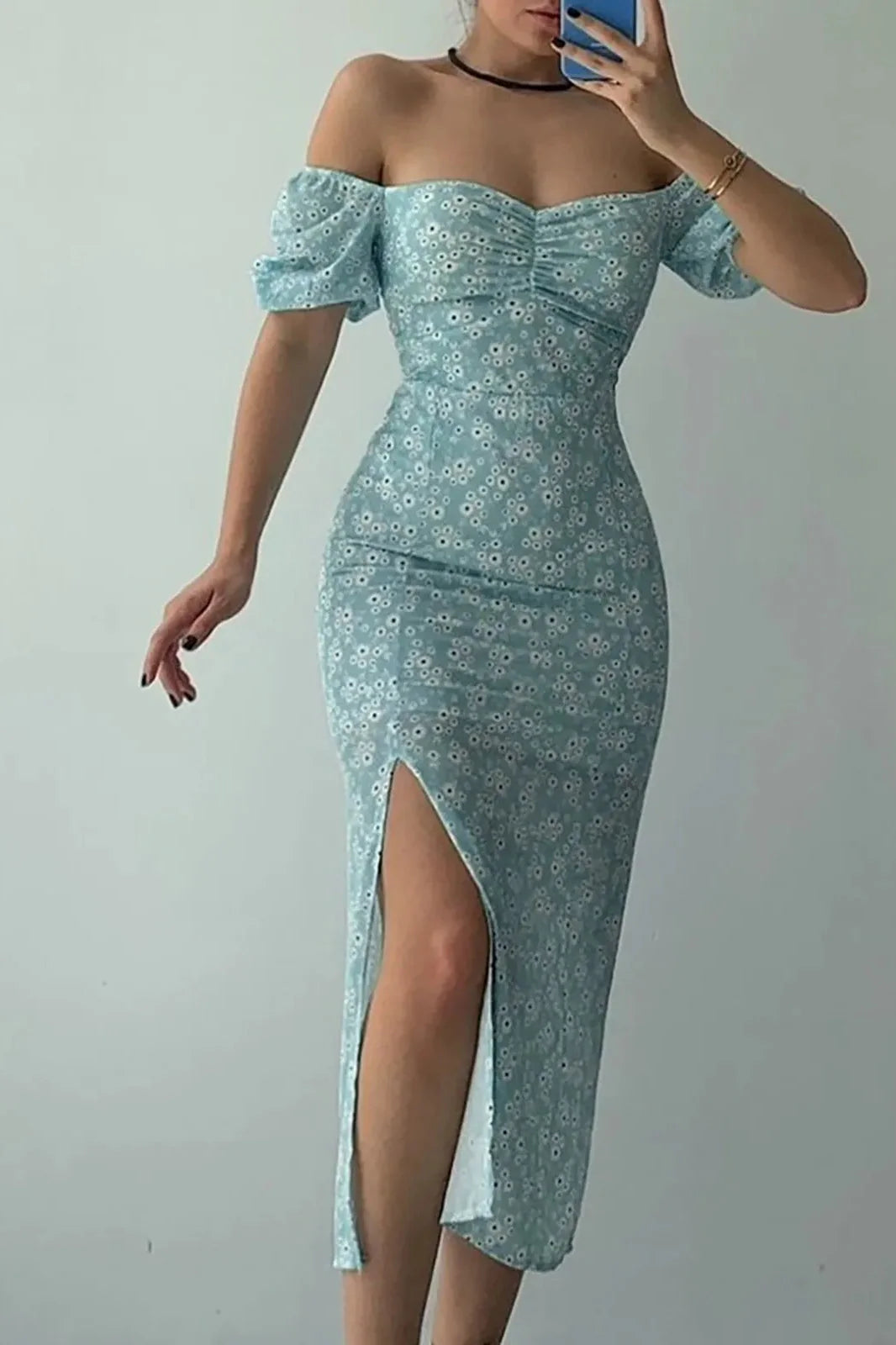Chiffon Wrap Slit Floral Dress