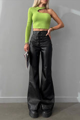 High Waist Flared Leather  Casual Pants