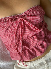 Ruched Plaid Print Slim Strapless