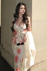 V-Neck Printed Backless Slip Floral Dress