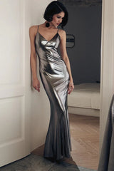 Metallic Silver Backless Slip Dress