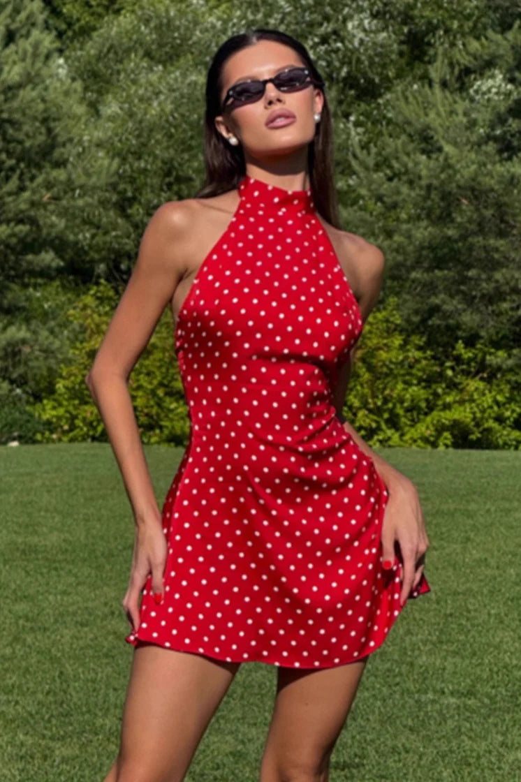 Polka Dot Waist Cinched Sleeveless Bodycon Dress