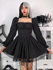 Spaghetti Strap Lace Satin Slip  Party Mini Harajuku Vintage Square Collar Puff Sleeve Dress