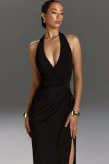 Halter Backless Tie High-Slit Ruched  Formal Dress