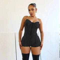 Distressed Transparent Strap Short Romper