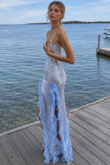 Sheer Sequin Ruffle 3D Floral Fringe Slip Dress