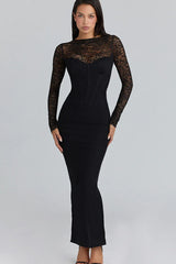 Lace Trim Sheer Mesh Side Slit Fit Floor Lace Dress