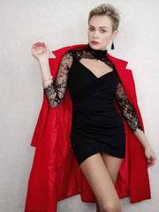 Vintage Lace Long Sleeve Bodycon  Hollow Out Turtle Neck Gothic Mini Dress