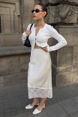 Lace Insert Solid Color Satin Skirt